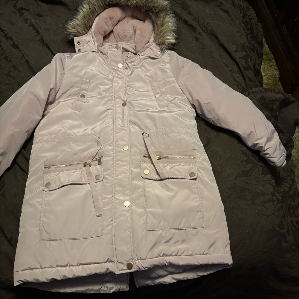 Time and Tru Pink Puffer Jacket with Faux Fur Hood